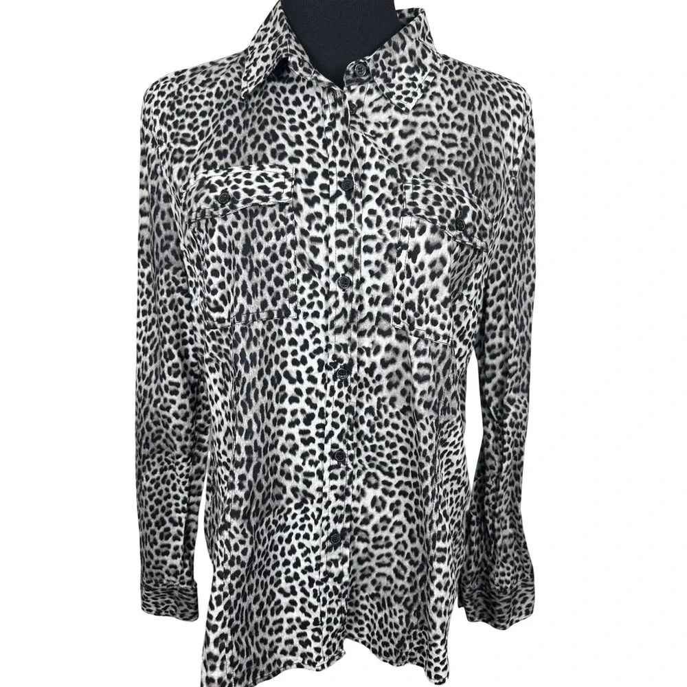 Michael Kors Leopard Print Button Shirt L Tailored Safari Blouse Animal Print - Picture 1 of 7